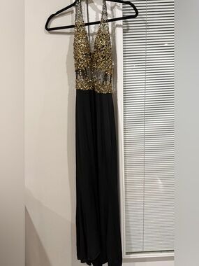 Black Evening Gown with Gold Sequin Bodice